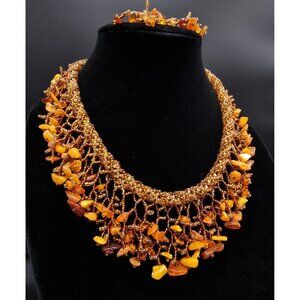 Vintage 1980s Amber Beaded Necklace & Earrings Jewelry Set